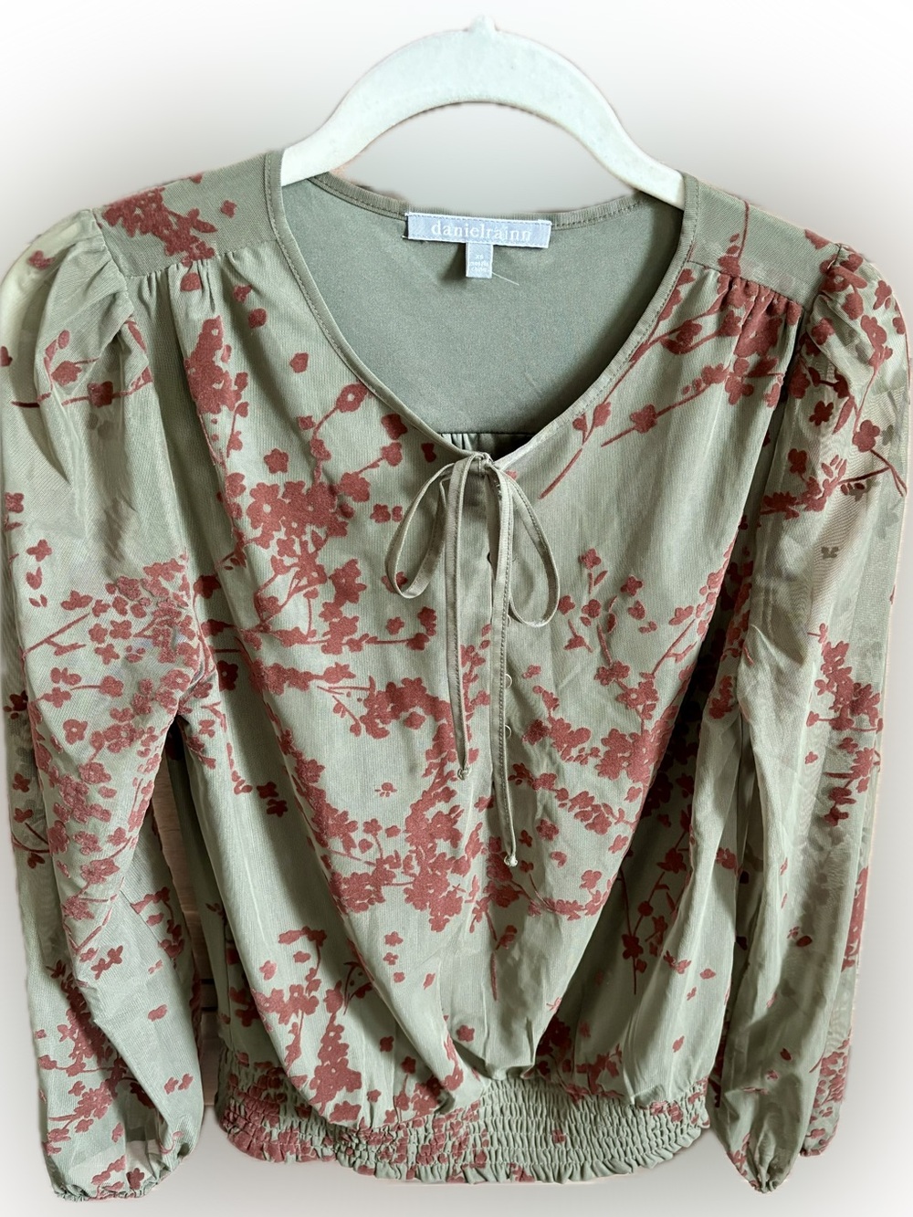 Daniel Rainn Olive Floral Tie-Neck Blouse with Rust Velvet Appliqués